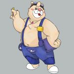  2021 american_black_bear anthro belly black_bear breeze_in_the_clouds clothing humanoid_hands kermode_bear male mammal navel one_eye_closed overalls overweight overweight_male pile_(breeze_in_the_clouds) pink_nose simple_background solo tongue tongue_out unatazaamarilla ursid ursine wink 