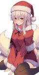  1girl absurdres christmas closed_mouth commentary_request fox_girl fox_tail hair_between_eyes hat highres jun_(aousa0328) looking_at_viewer multiple_tails original red_headwear santa_costume santa_hat simple_background smile solo tail white_background white_hair 