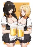  2girls apron beer_mug blonde_hair border breasts brown_eyes brown_hair choker cleavage commentary_request cup dirndl eyepatch german_clothes girls&#039;_frontline highres large_breasts long_hair looking_at_viewer m16a1_(girls&#039;_frontline) medium_breasts mp40_(girls&#039;_frontline) mug multiple_girls smile thigh_strap thighs toryu_fufu white_border 