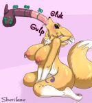  animal_genitalia animal_penis anthro bandai_namco barefoot big_breasts blush bodily_fluids breasts cheek_tuft chest_tuft cum cum_in_mouth cum_inside digimon digimon_(species) drinking drinking_cum duo equid equine equine_penis facial_tuft feet female fur genital_fluids genitals hi_res horse long_penis male mammal neck_bulge nipples penis renamon sherilane signature simple_background sitting sound_effects swallowing tongue tongue_out tuft yellow_body yellow_fur 