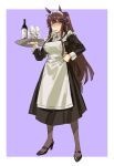  1girl absurdres alternate_costume animal_ears apron bandaid bandaid_on_nose bottle brown_hair cup drinking_glass enmaided frilled_apron frills high_heels high_ponytail highres holding holding_tray horse_ears horse_girl horse_tail long_sleeves maid maid_apron maid_headdress mouth_hold narita_brian_(umamusume) neck_ribbon pantyhose purple_background ribbon ruukii_drift sketch solo stalk_in_mouth tail tray umamusume unamused wine_bottle wine_glass 