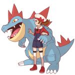 1girl blue_overalls bow brown_eyes brown_hair cabbie_hat closed_mouth commentary_request feraligatr from_side hat hat_bow jaho long_hair lowres lyra_(pokemon) overalls pokemon pokemon_(creature) pokemon_(game) pokemon_hgss red_bow red_footwear red_shirt shirt shoes smile standing thighhighs twintails white_headwear white_legwear 