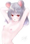  1girl absurdres alternate_hair_length alternate_hairstyle andason_sanda animal_ears armpits bangs blush breasts commentary_request eyebrows_visible_through_hair grey_hair highres looking_at_viewer medium_hair mouse_ears mouse_girl nazrin nipples nude open_mouth red_eyes signature simple_background small_breasts solo touhou upper_body white_background 