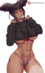  1girl abs araneesama bangs black_hair breasts drill_hair grin han_juri highres large_breasts long_hair long_sleeves looking_at_viewer navel purple_eyes sidelocks smile solo street_fighter thighs twin_drills underboob 