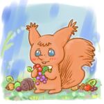  1:1 2016 anthro biped bittecompany blue_eyes blush brown_body brown_fur chibi food fur gamba_no_bouken gamba_no_bouken_(series) iena low_res mammal outside rodent sciurid solo 