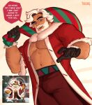  1boy absurdres arm_hair bara beard black_gloves blue_eyes chest_hair cookie_run eggnog_cookie facial_hair fur_trim gift_bag gloves highres large_pectorals looking_at_viewer male_focus mature_male muscular muscular_male mustache open_clothes open_mouth pectorals santa_costume smile solo thick_eyebrows white_hair whyhelbram 