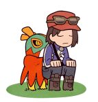  1boy blue_jacket boots brown_footwear brown_hair calem_(pokemon) clenched_hand closed_eyes closed_mouth commentary_request eyewear_on_headwear grass grey_pants hands_on_another&#039;s_chest hands_on_own_knees hat hawlucha jacket jaho lowres male_focus medium_hair pants pokemon pokemon_(creature) pokemon_(game) pokemon_xy red_headwear squatting strap white_background 
