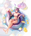  1girl absurdres arm_strap bangs bikini breasts cleavage double_bun eyewear_on_head full_body genshin_impact highres innertube keqing_(genshin_impact) large_breasts long_hair navel parted_lips purple_bikini purple_eyes purple_hair revision rubber_duck sunglasses swimsuit thigh_strap thighs water xude 