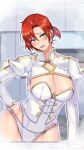  1girl bangs blush boudica_(fate) breasts cleavage corset earrings fate/grand_order fate_(series) green_eyes highres jewelry large_breasts long_sleeves looking_at_viewer o-ring open_mouth panties red_hair short_hair short_ponytail shrug_(clothing) smile solo underwear white_panties zumizu 