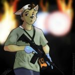  1:1 5_fingers anthro ar-15 black_background black_nose blue_clothing blue_gloves blue_handwear bottomwear brown_eyes brown_hair canid canine clothing fingers fire fox fur gloves green_clothing green_shirt green_topwear gun hair handwear hat headgear headwear holding_gun holding_object holding_weapon kyle_rittenhouse male mammal night open_mouth outside pants pink_inner_ear ranged_weapon shirt simple_background solo t-shirt topwear warstoriesart weapon yellow_body yellow_fur 