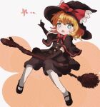  1girl ar_(maeus) bangs black_capelet black_footwear black_gloves black_headwear black_skirt black_vest blonde_hair blue_eyes blush bow bowtie bright_pupils broom broom_riding capelet commentary_request cookie_(touhou) elbow_gloves eyebrows_visible_through_hair full_body gloves hat hat_bow kirisame_marisa looking_at_viewer mary_janes meguru_(cookie) open_mouth pantyhose red_bow red_bowtie shoes short_hair skirt solo star_(symbol) touhou vest white_legwear white_pupils witch_hat 