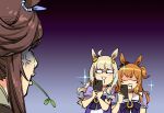  3girls ahoge alternate_eyewear anger_vein animal_ears bandaid bandaid_on_nose biwa_hayahide_(umamusume) brown_hair cellphone diffraction_spikes drooling glasses high_ponytail highres holding holding_phone horse_ears horse_girl horseshoe_ornament light_brown_hair long_hair mayano_top_gun_(umamusume) mouth_hold multiple_girls narita_brian_(umamusume) phone puffy_short_sleeves puffy_sleeves purple_shirt ruukii_drift sailor_collar sailor_shirt school_uniform shaded_face shirt short_sleeves siblings sisters sketch smartphone stalk_in_mouth tracen_school_uniform two_side_up umamusume unamused wavy_hair 