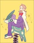  1boy :d blush brown_hair cape commentary_request eusine_(pokemon) from_side gloves green_eyes happy jacket jaho long_sleeves male_focus medium_hair open_mouth pants pokemon pokemon_(game) pokemon_hgss purple_jacket purple_pants shoes simple_background sitting smile solo sparkle spring_rider suicune themed_object tongue white_cape white_footwear white_gloves yellow_background 