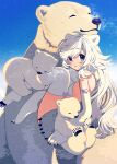  1girl animal_ears animal_hands bangs bear bear_ears bear_girl blush breasts breath expressionless from_side gloves highres keishin knees_up long_hair looking_at_viewer original paw_gloves polar_bear shadow sideboob solo swept_bangs thighhighs white_hair white_legwear 