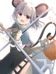  1girl animal_ears bangs basket blue_capelet blush breasts capelet commentary_request cowboy_shot crystal dowsing_rod grey_hair grey_skirt grey_vest highres holding holding_with_tail jewelry layered_clothing long_sleeves looking_at_viewer mouse mouse_ears mouse_girl mouse_tail nazrin open_mouth pendant ponta_(wwtaimeww) prehensile_tail red_eyes shirt short_hair simple_background skirt skirt_set small_breasts smile solo tail touhou vest white_background white_shirt 