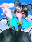  1girl animal_ears bangs blue_capelet blue_sky blush capelet cloud collared_capelet commentary_request cowboy_shot crystal dowsing_rod dress eyebrows_visible_through_hair grey_dress grey_hair gyokuro_(maposo140203) highres holding jewelry layered_clothing long_sleeves mouse_ears mouse_girl mouse_tail nazrin parted_lips pendant red_eyes shirt short_hair sky sleeveless sleeveless_dress solo tail touhou white_shirt 