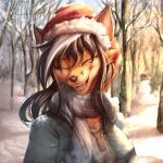  1:1 absurd_res anthro canid canine christmas christmas_clothing christmas_headwear clothing coat elizabeth_fox eyes_closed female forest forest_background fox hat headgear headwear hi_res holidays laugh mammal nature nature_background open_mouth plant santa_hat scarf snowman solo topwear tree viejillox winter 