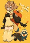  1girl animal black_footwear black_gloves boots brown_eyes brown_hair glasses gloves hair_ornament highres keishin leaf leaf_on_head long_sleeves open_mouth original puffy_long_sleeves puffy_sleeves shadow simple_background smile solo tanuki thighhighs yellow_background yellow_legwear 