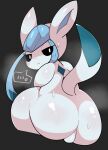  2021 ambiguous_gender big_butt blush blush_lines bodily_fluids butt digital_media_(artwork) ebi10000000000 eeveelution glaceon hi_res looking_at_viewer looking_back looking_back_at_viewer nintendo pok&eacute;mon pok&eacute;mon_(species) pok&eacute;morph presenting presenting_hindquarters simple_background solo sweat thick_thighs video_games wide_hips 
