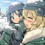  2girls black_eyes black_gloves black_hair blonde_hair blue_sky blush brodie_helmet chito_(shoujo_shuumatsu_ryokou) closed_eyes cloud coat cup from_side gloves green_coat hair_between_eyes hat head_tilt helmet holding holding_cup looking_at_another multiple_girls open_mouth outdoors rnfhv shoujo_shuumatsu_ryokou sitting sky smoke snow snow_on_headwear square stahlhelm yuuri_(shoujo_shuumatsu_ryokou) 