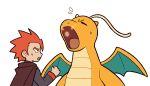  1boy cape clenched_hand commentary_request dragonite flying_sweatdrops from_side hyper_beam_(pokemon) jacket jaho lance_(pokemon) long_sleeves male_focus open_mouth orange_hair pokemon pokemon_(creature) pokemon_(game) pokemon_frlg short_hair spiked_hair sweatdrop tongue 