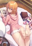  1girl bare_legs bare_shoulders barefoot blush breasts coffee coffee_cup cup disposable_cup eyebrows_visible_through_hair floor gochuumon_wa_usagi_desu_ka? hair_between_eyes highres hood hoodie hoto_cocoa kafuu_chino large_breasts lying on_stomach orange_hair photo_album pink_hoodie purple_eyes short_hair short_shorts shorts smile solo tedeza_rize the_pose toes xephyrks 
