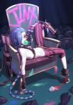  1girl arcane:_league_of_legends asymmetrical_bangs bangs belt blue_hair blue_nails braid breasts bubble_blowing chair chewing_gum crop_top cupcake deadnooodles english_commentary fingerless_gloves food gatling_gun gloves graffiti gun hair_over_one_eye handgun highres holding holding_gun holding_weapon jinx_(league_of_legends) knee_up league_of_legends long_hair looking_at_viewer lying midriff multicolored_nails navel on_back on_chair paint pants pink_nails pistol red_eyes small_breasts solo striped striped_legwear twin_braids very_long_hair weapon 