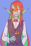  animal_humanoid blue_body blue_skin bow_tie clothing dress_shirt ear_fins eye_patch eyewear female fin fish fish_humanoid flower humanoid looking_at_viewer marine marine_humanoid pipitasout plant pupils shirt slit_pupils smile solo topwear undertale_(series) undyne vest yellow_sclera 