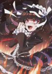  1girl :d bangs black_hair black_jacket brown_background brown_hair celestia_ludenberg center_frills colored_inner_hair cowboy_shot danganronpa:_trigger_happy_havoc danganronpa_(series) drill_hair earrings eyebrows_visible_through_hair fang fingernails fire frills gradient gradient_background hands_up headdress highres jacket jewelry lace-trimmed_skirt lace_trim long_hair long_sleeves multicolored_hair nail_polish open_clothes open_jacket own_hands_clasped own_hands_together red_eyes red_nails sharp_fingernails shiny shiny_hair skirt smile solo sweat teeth tongue tsunemi_aosa twin_drills upper_teeth 