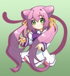  1girl :3 blush bow cat_tail double_bun eyebrows_visible_through_hair green_background green_eyes hair_bow hair_ribbon hakuryou_high_school_uniform highres juliet_sleeves kamon_rider long_sleeves muvluv puffy_sleeves purple_bow ribbon school_uniform skirt smile solo tail tamase_miki twintails white_skirt yellow_ribbon 