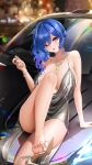  1girl arm_support azur_lane bangs bare_arms bare_legs bare_shoulders blue_hair blue_nails bracelet breasts car commentary_request dress earrings eyebrows_visible_through_hair foot_hold grey_dress ground_vehicle hair_ornament halter_dress halterneck high_heels highres holding jewelry large_breasts leg_up liu_liaoliao long_hair motor_vehicle nail_polish necklace official_alternate_costume panties purple_eyes sandals sandals_removed shiny shiny_clothes side_ponytail signature simple_background sleeveless sleeveless_dress solo st._louis_(azur_lane) st._louis_(luxurious_wheels)_(azur_lane) toenail_polish toenails toes twitter_username underwear 