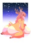  2021 anthro antlers big_breasts big_butt breasts brown_hair butt capreoline cervid cloven_hooves female fur genitals hair hi_res hooves horn huge_breasts kemono kneeling kogitune looking_at_viewer looking_back mammal multicolored_body multicolored_fur nude orange_eyes pussy reindeer sitting snow solo tan_body tan_fur two_tone_body two_tone_fur wariza white_body white_fur 