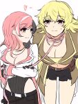  2girls belt black_shorts blush breasts brown_belt brown_eyes brown_hair cropped_jacket crossed_arms heterochromia highres large_breasts leaning_forward leash long_hair medium_breasts multiple_girls navel neo_politan pink_eyes pink_hair pink_ribbon ribbon rwby short_shorts shorts sketch smile sweatdrop tl yang_xiao_long yuri 