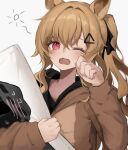  1girl ;o absurdres animal_ears arknights blush brown_hair ceobe_(arknights) dakimakura_(object) doctor_(arknights) dog_ears eyebrows_behind_hair fangs highres holding hyakutarou_(momotar0_4) long_hair long_sleeves looking_at_viewer official_alternate_costume one_eye_closed onesie open_mouth pillow ponytail red_eyes sleepy solo tears upper_body wiping_tears 