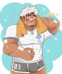  1boy akiha_gongen_(housamo) bandaid bandaid_on_nose bara blush boxers bulge casual cowboy_shot dark-skinned_male dark_skin dog_tags facial_hair genki_(gen2_genki) goatee grey_male_underwear highres horns looking_at_viewer male_focus male_underwear mature_male multicolored_hair muscular muscular_male no_pants pectorals scar scar_across_eye shirt short_hair sideburns single_horn solo sweat thick_eyebrows thick_thighs thighs tight tight_shirt tokyo_afterschool_summoners two-tone_hair underwear white_hair wiping_sweat 