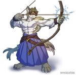  2021 abs anthro arrow biceps bottomwear bow_(weapon) canid canine clothing english_text eyewear fur glasses hair hi_res holding_object holding_weapon male mammal muscular muscular_anthro muscular_male pecs ranged_weapon simple_background solo text weapon wolfmalro 