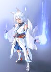  1girl absurdres alula_6b animal_ear_fluff artist_name azur_lane bare_shoulders blue_background blue_eyes blue_skirt breasts collar detached_sleeves eyebrows_visible_through_hair highres kaga_(azur_lane) kitsune looking_at_viewer magic medium_breasts metal_belt metal_collar miniskirt multiple_tails pleated_skirt rudder_footwear sakuramon short_hair simple_background skirt socks solo tail white_hair white_legwear white_tail wide_sleeves 