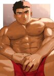  1boy abs absurdres bara blush brown_hair bulge covering covering_crotch feet_out_of_frame highres large_pectorals looking_at_viewer male_focus male_underwear muscular muscular_male navel nipples original pectorals red_male_underwear saikorodekimeru short_hair sideburns solo spread_legs stomach sweatdrop thick_thighs thighs topless_male underwear underwear_only 