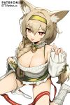  1girl :3 animal_ear_fluff animal_ears arknights bare_shoulders beanstalk_(arknights) beanstalk_(gift_uncompleted)_(arknights) bell bra_strap braid breasts brown_hair choker cleavage ett frilled_choker frilled_skirt frills green_skirt hair_ornament hair_over_shoulder hairband hairclip hand_up highres large_breasts lifted_by_self long_hair long_sleeves looking_at_viewer miniskirt naughty_face off_shoulder panties panties_around_one_leg red_eyes red_ribbon ribbed_legwear ribbon shirt sitting skirt socks solo string_panties thighs tongue tongue_out underwear wariza white_legwear white_panties white_shirt 
