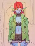  &lt;3 animal_humanoid blue_body blue_skin bottomwear breasts cleavage clothed clothing crop_top ear_fins eye_patch eyewear female fin fish fish_humanoid humanoid jacket marine marine_humanoid mile pipitasout pupils scales shirt shorts slit_pupils solo topwear undertale_(series) undyne yellow_sclera 