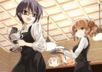  4girls =) =d absurdres alternate_costume apron asagao_21 black-framed_eyewear black_apron blonde_hair brown_eyes cafe coffee_pot commentary double_bun employee_uniform glasses hair_ornament hidamari_sketch highres hiro_(hidamari_sketch) holding holding_pot indoors long_sleeves miyako_(hidamari_sketch) multiple_girls pot purple_eyes purple_hair red_hair red_sweater sae_(hidamari_sketch) shirt short_hair sweater uniform white_shirt x_hair_ornament yuno_(hidamari_sketch) 