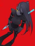  animal_humanoid armor boots clothing crop_top ear_fins eye_patch eyewear female fin fish fish_humanoid footwear gloves hair handwear holding_object holding_weapon humanoid marine marine_humanoid melee_weapon pipitasout polearm ponytail pupils red_background shirt simple_background slit_pupils solo spear topwear undertale_(series) undyne weapon yellow_sclera 