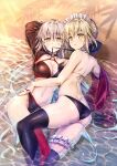  2girls artoria_pendragon_(alter_swimsuit_rider)_(fate) artoria_pendragon_(fate) ass bikini black_bikini black_choker black_jacket braid breasts choker cleavage cropped_jacket fate/grand_order fate_(series) french_braid frills highres jacket jeanne_d&#039;arc_(alter_swimsuit_berserker)_(fate) jeanne_d&#039;arc_(fate) kotatsu_(kotatsu358) large_breasts leg_garter looking_at_viewer lying maid_bikini maid_headdress medium_breasts multiple_girls navel o-ring o-ring_bikini o-ring_bottom o-ring_top on_back on_side orange_background outdoors palms red_legwear shallow_water shrug_(clothing) single_thighhigh swimsuit thighhighs water yellow_eyes 