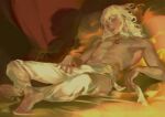  barefoot bed berserk blue_eyes crossed_ankles emg_(christain) griffith_(berserk) hand_on_lap jewelry long_hair looking_to_the_side necklace pants parted_lips pillow shadow sitting sketch topless_male wavy_hair white_hair 