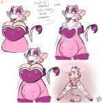  1:1 anthro big_breasts bovid bovine breasts cattle clothed clothing concept_art digital_media_(artwork) drxii ear_tag female green_eyes hi_res hooves horn mammal nipples nude pink_body simple_background smile solo teats udders 