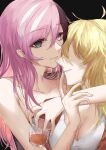  2girls absurdres alcohol bare_shoulders black_background blonde_hair brown_eyes brown_hair faceless faceless_female finger_to_mouth hair_between_eyes hair_over_one_eye heterochromia highres lipstick long_hair makeup multicolored_hair multiple_girls neo_politan pink_hair pink_lips rwby shirt smile tl whiskey white_shirt yang_xiao_long yuri 