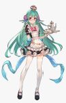  1girl alternate_costume arm_behind_back commentary crown cup earrings enmaided eyebrows_visible_through_hair finana_ryugu flower frills full_body glasses green_hair hair_flower hair_ornament head_fins highres holding holding_tray jewelry jun_wei long_hair looking_at_viewer maid nijisanji nijisanji_en puffy_short_sleeves puffy_sleeves red_eyes short_sleeves smile solo teapot thighhighs tray very_long_hair virtual_youtuber white_legwear wrist_cuffs 