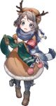  1girl animal_costume animal_ears antlers black_legwear blue_eyes blue_scarf boots brown_footwear checkered_clothes checkered_scarf deer_ears depth_charge fringe_trim full_body gloves green_gloves green_scarf grey_hair hair_ornament hairclip hozuka_(kadokawa) kaiboukan_no._30_(kancolle) kantai_collection long_sleeves machinery official_art open_mouth pantyhose pom_pom_(clothes) reindeer_antlers reindeer_costume rigging scarf short_hair smile solo transparent_background x_hair_ornament 