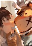  2boys @_@ absurdres after_kiss ahoge animal_ears bara beard blue_eyes blush breath couple eye_contact face facial_hair from_side furry furry_male furry_with_non-furry grabbing_another&#039;s_chin hand_on_another&#039;s_chin highres hombre_tigre_(housamo) interspecies looking_at_another male_focus master_4_(housamo) multiple_boys noses_touching saikorodekimeru short_hair smug sweatdrop thick_eyebrows tiger_boy tiger_ears tokyo_afterschool_summoners upper_body white_hair yaoi 