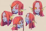  animal_humanoid blue_body blue_skin ear_fins female fin fish fish_humanoid hair headshot_portrait humanoid long_hair marine marine_humanoid one_eye_closed pipitasout portrait pupils red_hair scales scar slit_pupils smile solo teeth undertale_(series) undyne yellow_sclera 